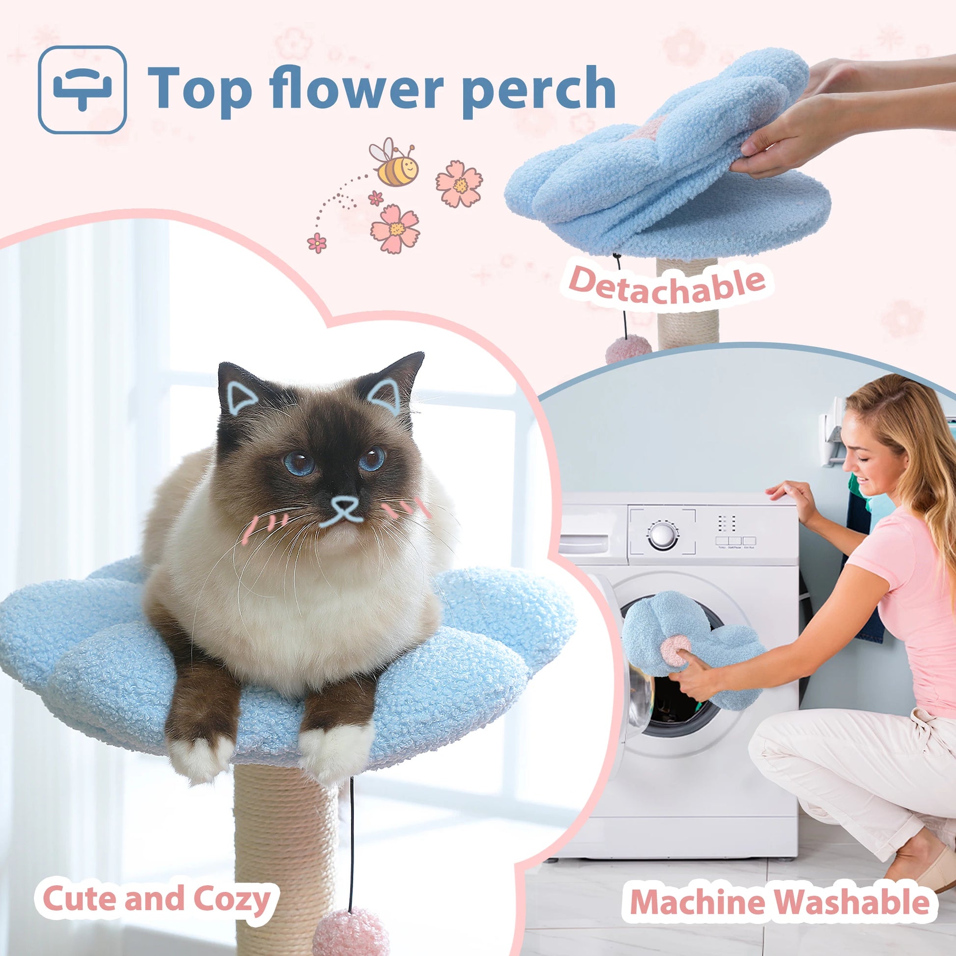 Blue version of the Flower Cat Tree with a plush hammock and playful design details