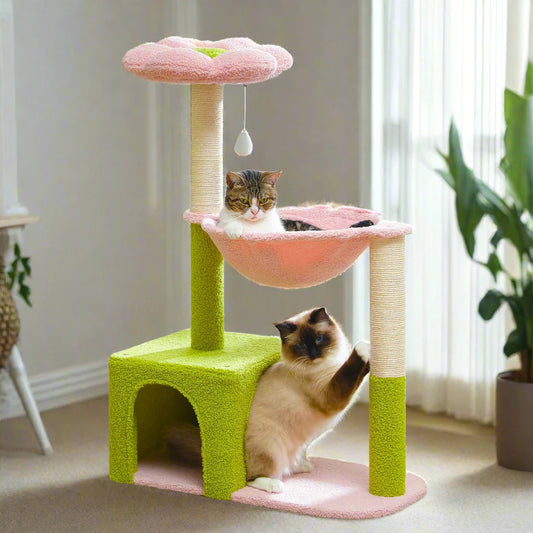 Flower Cat Tree in green with a cozy hammock, flower-shaped top perch, and sisal scratching posts.