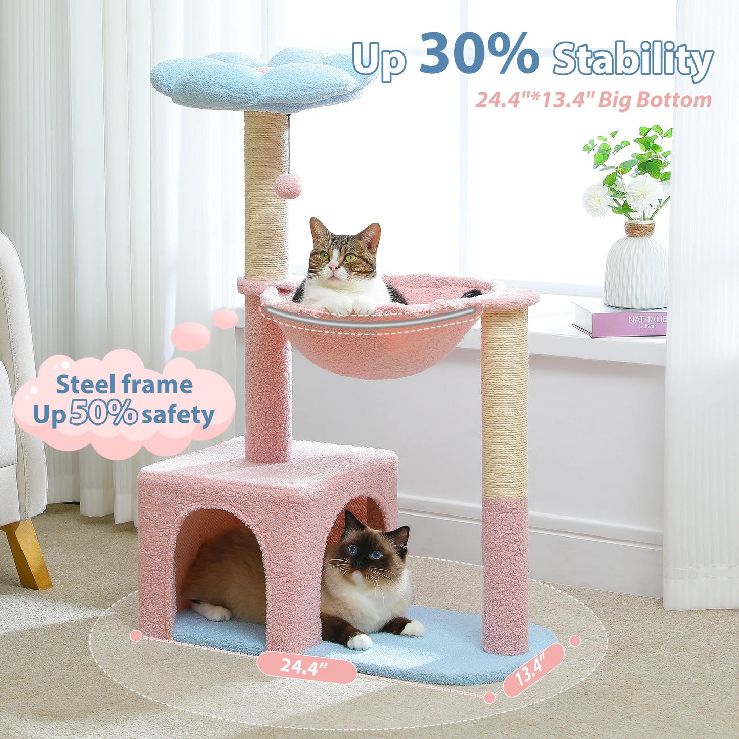 Side view of the Flower Cat Tree highlighting its stable base and compact design.