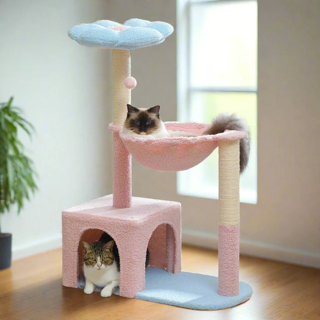 Close-up of the spacious two-door condo on the Flower Cat Tree with soft interiors.
