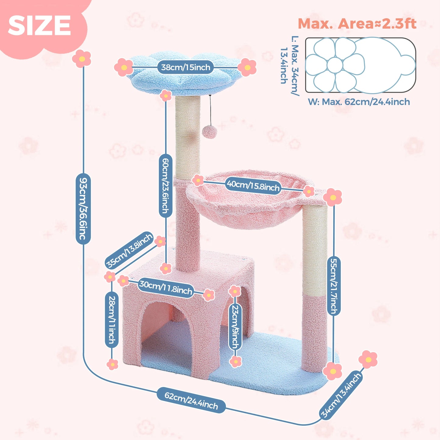 Dimensions chart of the Flower Cat Tree, showcasing measurements and key features